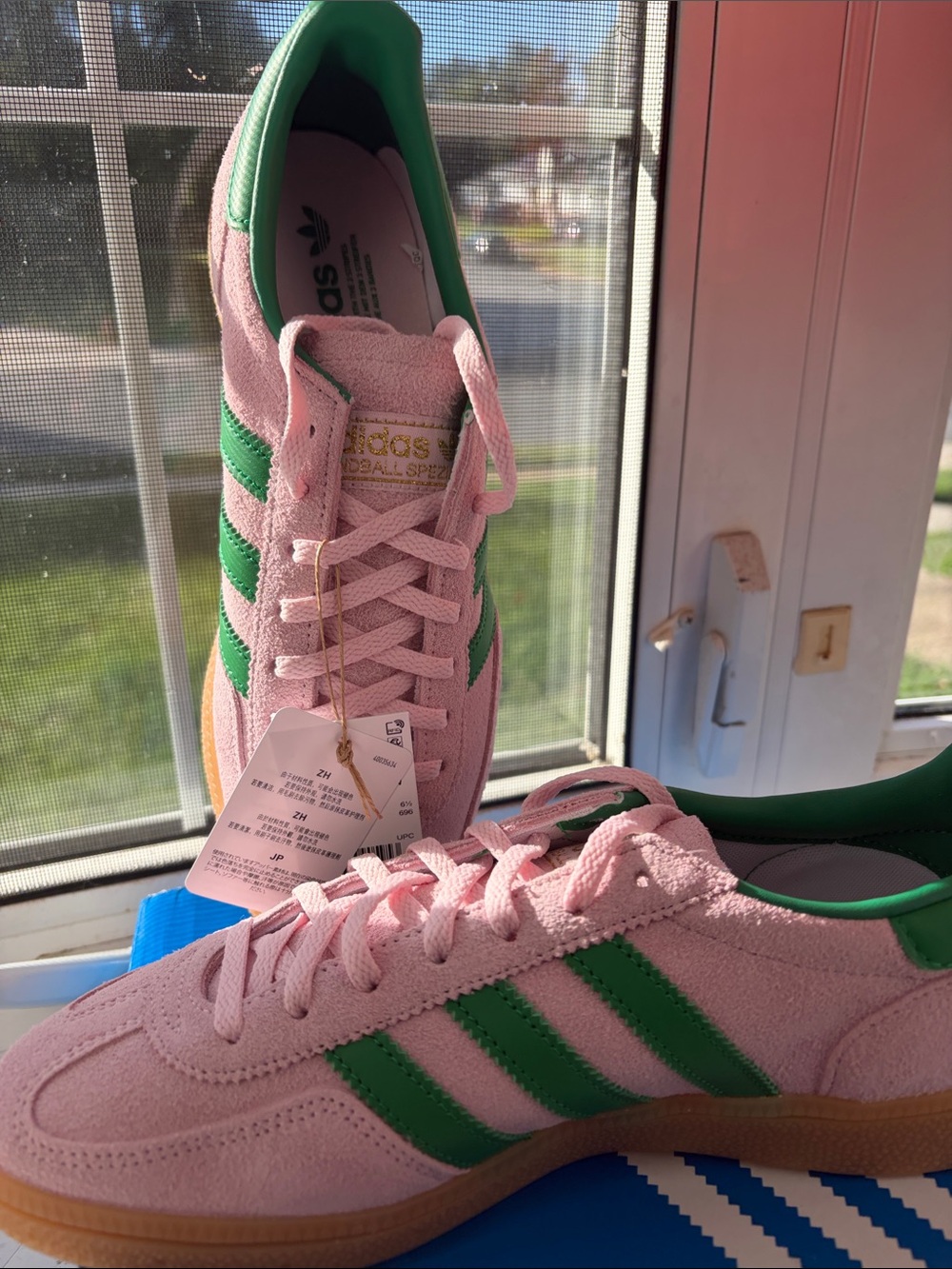 adidas Women's Pink Suede Sneakers with Green Stripes